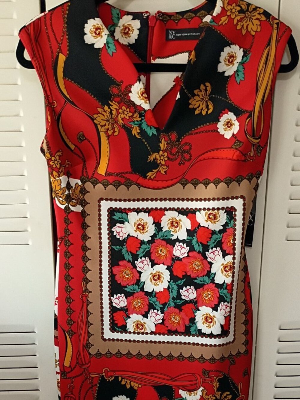 NY NEW YORK & COMPANY Red Asian Floral Sheath Pencil Dress S Cap Sleeve